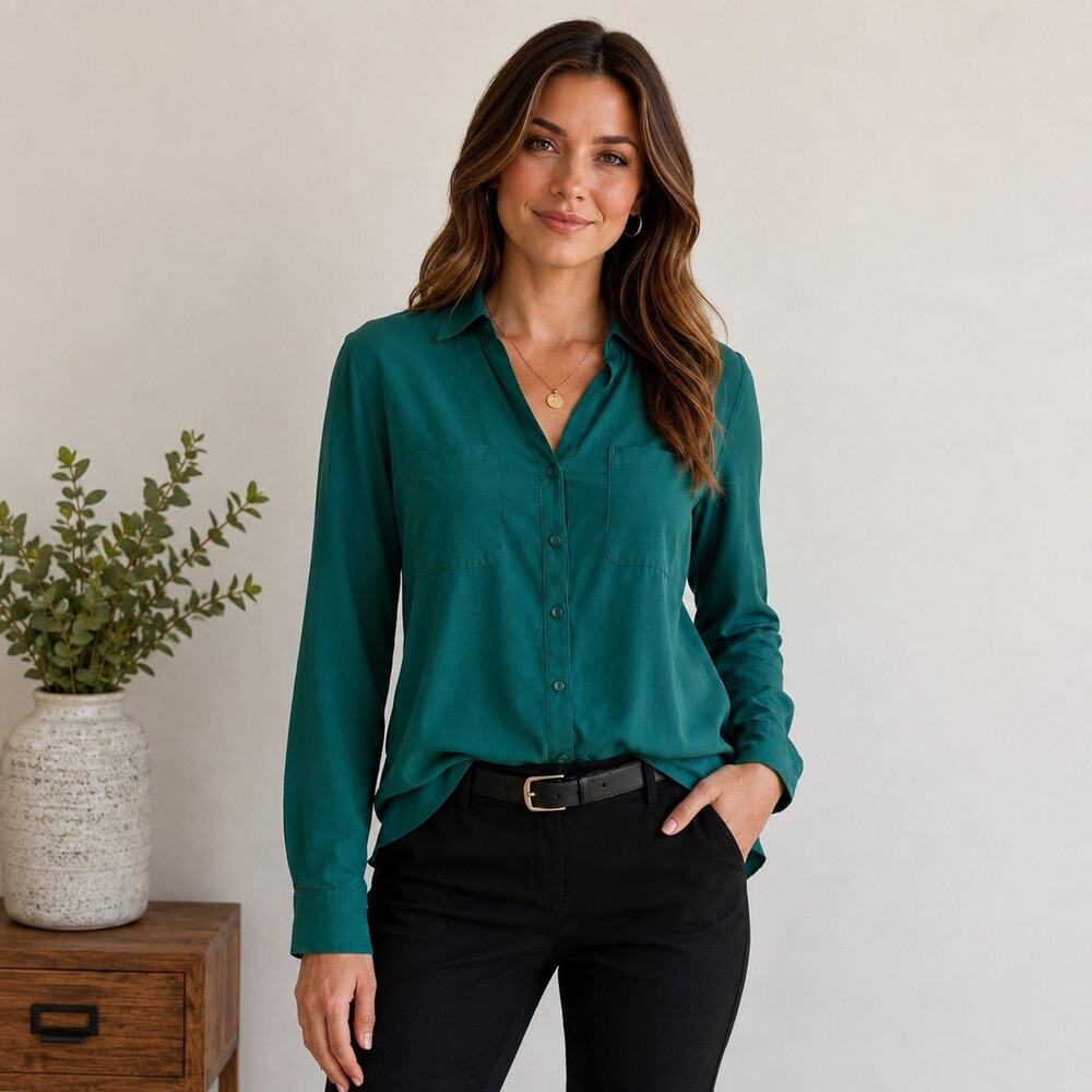 Talbots XL Teal Green Button Front Blouse Long Sleeve Collared Career Office